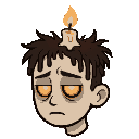 appearance head: pale skin, tired eyes… but on top of the skull is a small candle wick, burning with a soft orange flame.  hair: charred at the roots. some strands look burned or sticky with melted wax.  eyes: hollow but glowing faintly from below — like 