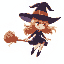 light brown haired witch with a black hat and black dress flying on a broom