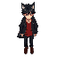 young man with black centre parting hair, red eyes, wolf ears and tail, he is wearing red shirt, black jacket, black pants and brown shoes