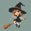 light brown haired witch with a black hat and black dress flying on a broom