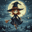 light brown haired witch flying on a broom under the moon