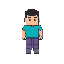 steve's 2d top-down view: square light brown head with dark brown hair; cyan rectangular torso; light brown rectangular arms; violet rectangular legs; gray square feet. 