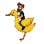 yellow duck mount in 3/4 view facing right, shaded body, white eye, orange beak (ship-like flying). rider is a bearded man with brown hair, black shirt, blue pants, black shoes, holding neck. (retro game inspiration) flying like a ship