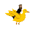 flying yellow duck (3/4 view, facing right) with shaded body, white eye, orange beak, ridden by a bearded man in black shirt, blue pants, black shoes, holding the neck; flat colors, reduced palette, no antialiasing, black background.