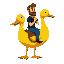 ship yellow duck mount in 3/4 view facing right, shaded body, white eye, orange beak. rider is a bearded man with brown hair, black shirt, blue pants, black shoes, holding neck.