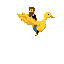 flying yellow duck (3/4 view, facing right) with shaded body, white eye, orange beak, ridden by a bearded man in black shirt, blue pants, black shoes, holding the neck; flat colors, reduced palette, no antialiasing, black background.