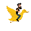 flying yellow duck (3/4 view, facing right) with shaded body, white eye, orange beak, ridden by a bearded man in black shirt, blue pants, black shoes, holding the neck; flat colors, reduced palette, no antialiasing, black background.