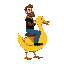 yellow duck mount in 3/4 view facing right, shaded body, white eye, orange beak (ship like flying). rider is a bearded man with brown hair, black shirt, blue pants, black shoes, holding neck.