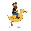 yellow duck mount in 3/4 view facing right, shaded body, white eye, orange beak (ship-like flying), rounded duck, legs near the body. rider is a bearded man with brown hair, black shirt, blue pants, black shoes, holding neck. (retro game inspiration) flyi