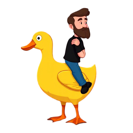 yellow duck (3/4 view, facing right) with shaded body, white eye, orange beak, ridden by a bearded man in black shirt, blue pants, black shoes, holding the neck; flat colors, reduced palette, no antialiasing, black background.