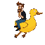 yellow duck mount in 3/4 view facing right, shaded body, white eye, orange beak (ship-like flying), rounded duck, legs near the body. rider is a bearded man with brown hair, black shirt, blue pants, black shoes, holding neck. (retro game inspiration) flyi