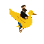 flying yellow duck (3/4 view, facing right) with shaded body, white eye, orange beak, ridden by a bearded man in black shirt, blue pants, black shoes, holding the neck; flat colors, reduced palette, no antialiasing, black background.