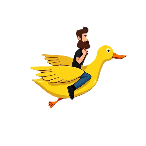 flying yellow duck (3/4 view, facing right) with shaded body, white eye, orange beak, ridden by a bearded man in black shirt, blue pants, black shoes, holding the neck; flat colors, reduced palette, no antialiasing, black background.