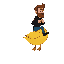 yellow duck mount in 3/4 view facing right, shaded body, white eye, orange beak (ship-like flying), rounded duck, legs near the body. rider is a bearded man with brown hair, black shirt, blue pants, black shoes, holding neck. (retro game inspiration) flyi