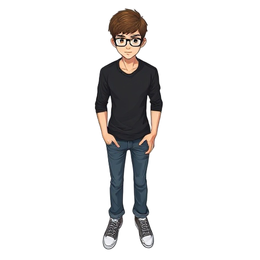 graphics in rpg maker mz style of a male character, young man, with short hair, brown eyes, glass, black shirt, jeans pants, clear skin
