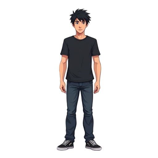 a male character in rpg maker mz style art. black hair, clear skin, short hair, with black tshirt and jeans