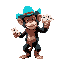 a cowboy monkey with detailed pixel fur, wearing only cowboy boots and a bright cyan hat, dynamically throws blackjack playing cards in mid-action. 