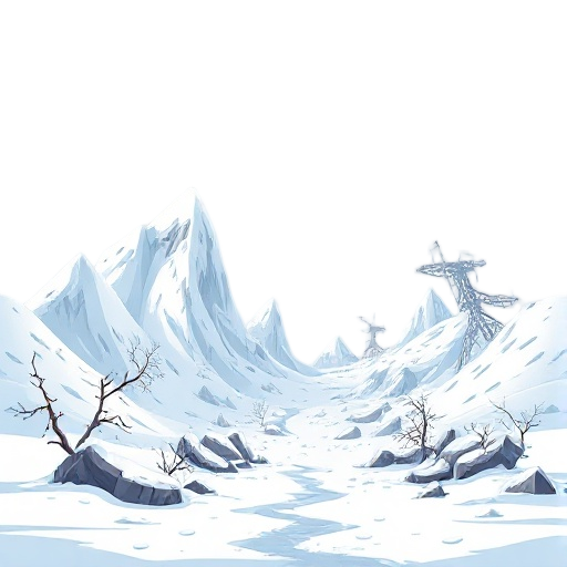 hace un paisaje de nieve postapocalíptico, con tonos apagados y el mundo destruido, sin estructuras