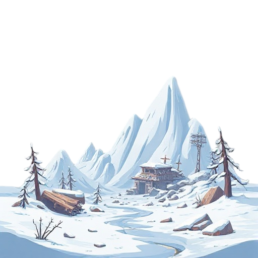hace un paisaje de nieve postapocalíptico, con tonos apagados y el mundo destruido, sin estructuras