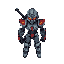 de costado,  mitad humano mitad robot que tiene una capucha pero que no esta puesta, con una espada en la espalda y con una bata que lo tapa, sacar detalles rojos y dar mas imagen de desgaste, gris 