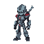 un personaje mitad humano mitad robot que tiene una capucha pero que no esta puesta, con una espada en la espalda y con una bata que lo tapa, sacar detalles rojos y dar mas imagen de desgaste