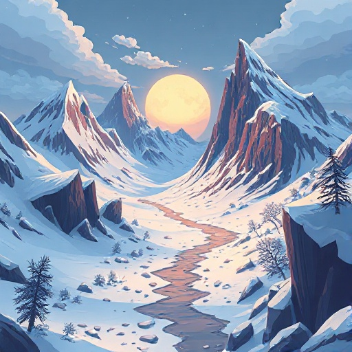 mundo apocalíptico con nieve y montañas, que este degradado y con tonos apagados