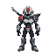de costado, mitad humano mitad robot que tiene una capucha pero que no esta puesta, con una espada en la espalda y con una bata que lo tapa, sacar detalles rojos y dar mas imagen de desgaste, gris