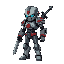 de costado, mitad humano mitad robot que tiene una capucha pero que no esta puesta, con una espada en la espalda y con una bata que lo tapa, sacar detalles rojos y dar mas imagen de desgaste, gris