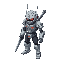 de costado,  mitad humano mitad robot que tiene una capucha pero que no esta puesta, con una espada en la espalda y con una bata que lo tapa, sacar detalles rojos y dar mas imagen de desgaste, gris 
