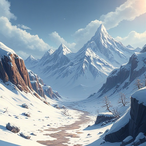 mundo apocalíptico con nieve y montañas, que este degradado y con tonos apagados