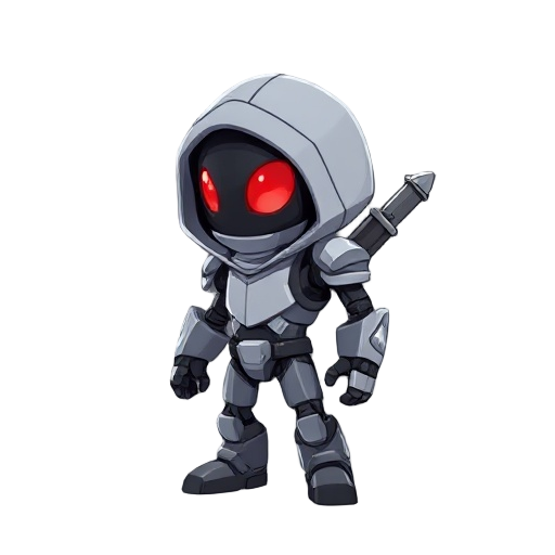 un personaje con una capucha que tenga una espada en la espalda, mitad robot tiene que ser el presonaje y tiene que tener un ojo rojo