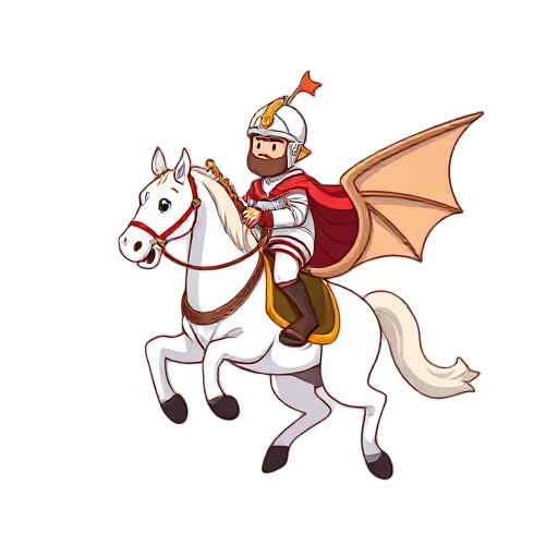 create an image of saint george riding his white horse killing the dragon, in a cute and childish kawaii style