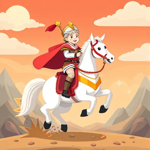 create an image of saint george riding his white horse killing the dragon, in a cute and childish kawaii style