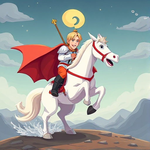 create an image of saint george riding his white horse killing the dragon, in a cute and childish style