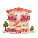 roadside motel, two floors, visible balcony and staircase, clean and feminine style, full of pink and purple flowers in pots, neat facade, cozy and bright, warm light, clear sky, charming and welcoming atmosphere, surrounded by small trees and plants.