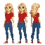 a hero teenage female character with blue pants and a red t shirt, blonde hair.
