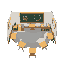 top down view of a simple, cozy classroom with 6 desks, a chalkboard and other furnishings