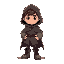 a cute little guy, wearing a cloak, with a hood so you can't see his face (only the darkness inside the hood), huge sleeves, big cartoonish shoes
