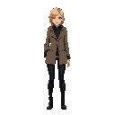 blonde woman, wearing coat and black skinny jeans, mysterious, tall