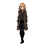 prompt: blonde woman, wearing coat and black skinny jeans, mysterious, tall