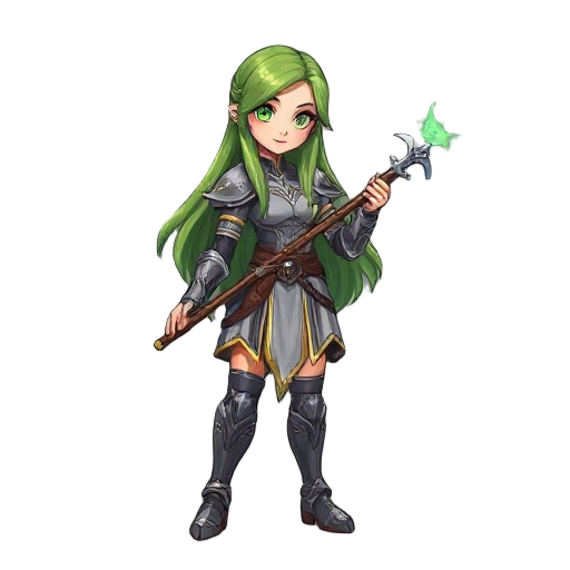 sprite of a type game tibia medieval fantasy character with long green hair, wearing a silver and gray tunic, holding a magical staff with both hands, armor details on arms and legs, female