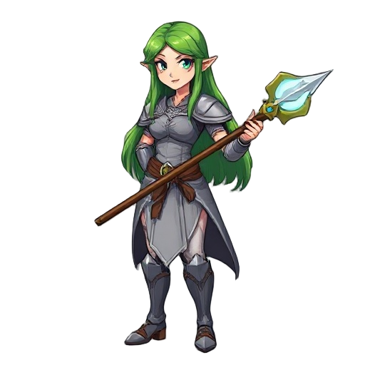 sprite of a medieval fantasy character with long green hair, wearing a silver and gray tunic, holding a magical staff with both hands, armor details on arms and legs, female