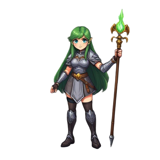 sprite of a type game tibia medieval fantasy character with long green hair, wearing a silver and gray tunic, holding a magical staff with both hands, armor details on arms and legs, female