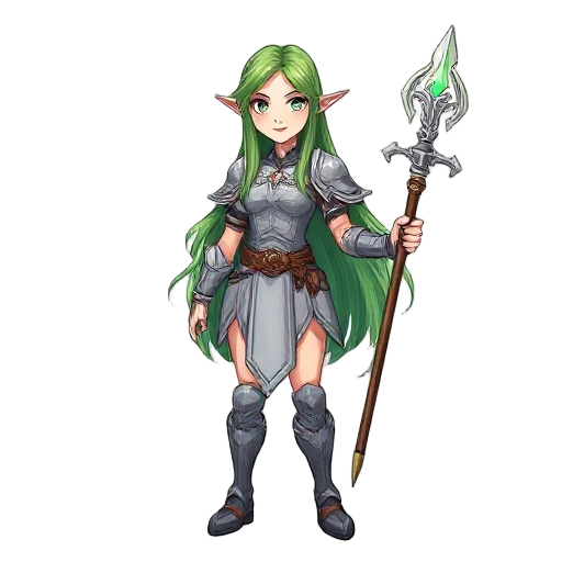 sprite of a type game tibia medieval fantasy character with long green hair, wearing a silver and gray tunic, holding a magical staff with both hands, armor details on arms and legs, female