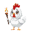 cute white hen with white hood that has a chicken comb on top of the hood holding a torch
