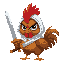 cute angry brown rooster with white hood on his head holding a sword