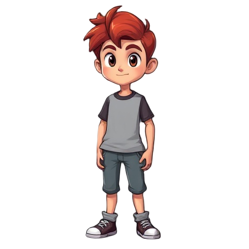 crie um persona de cabelo vermelho,chort, camiseta,ele deve ter as maos grande e etar segurando um sexto a sua frente,o sexto deve medir metade da sua altura.