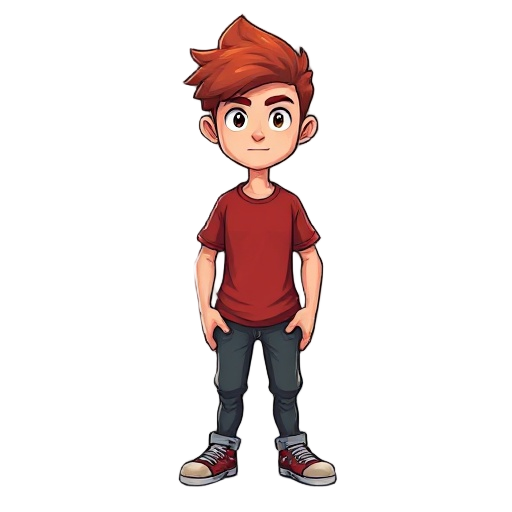 crie um persona de cabelo vermelho,chort, camiseta,ele deve ter as maos grande e etar segurando um sexto a sua frente,o sexto deve medir metade da sua altura.