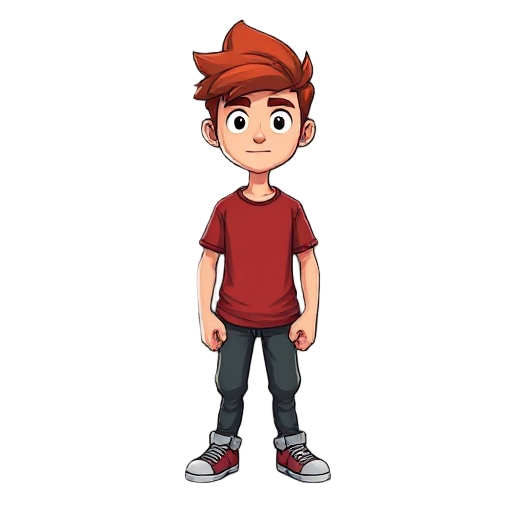 crie um persona de cabelo vermelho,chort, camiseta,ele deve ter as maos grande e etar segurando uma caixa a sua frente