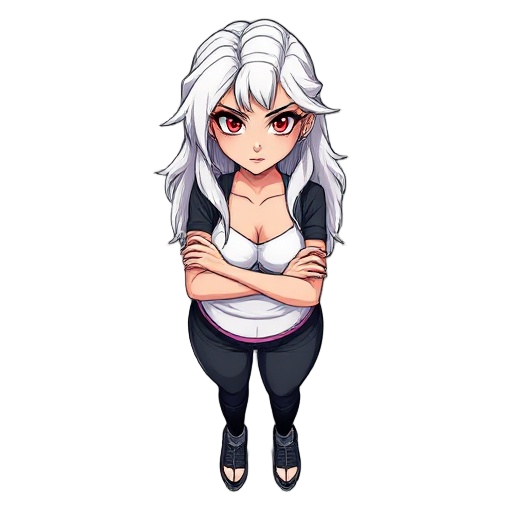 young woman,curvy body,cyberpunk,long white wavy messy hair,serious look,red eyes, crossed arms,looking at viewer,big white eyelashes